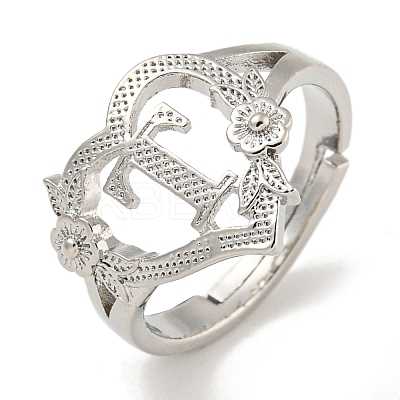 Heart with Letter & Flower Rack Plating Brass Adjustable Rings for Women RJEW-I105-05P-T-1