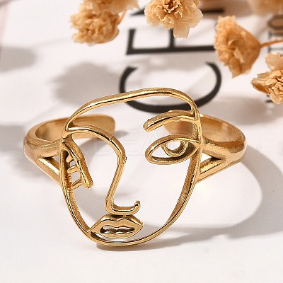 Hollow Human Face 304 Stainless Steel Open Cuff Rings for Women LS-RJEW-M046-03G-1