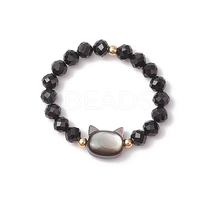 Natural Rainbow Moonstone and Natural Black Tourmaline Beaded Rings RJEW-TA00196-1