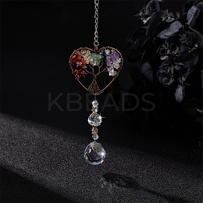 1Pc Natural Gemstone Chips Heart with Tree of Life Hanging Ornaments HJEW-BBC0001-16-1