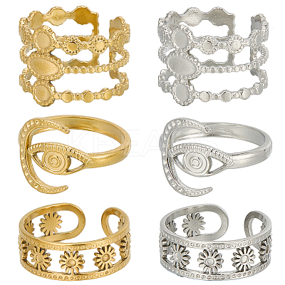 12Pcs 6 Style 304 Stainless Steel Open Cuff Ring Findings STAS-SC0007-90-1