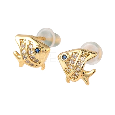 Brass Micro Pave Cubic Zirconia Fish Stud Earrings EJEW-D337-01G-1