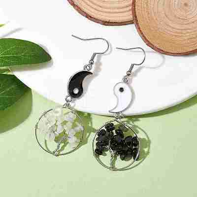 Natural Moonstone and Natural Obsidian Dangle Earrings EJEW-JE05743-1