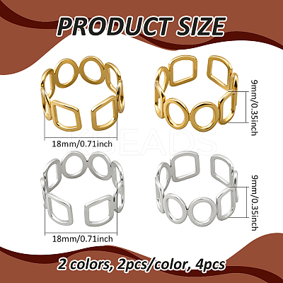 2 Colors 304 Stainless Steel Adjustable Cuff Rings for Women RJEW-HY0001-31B-1
