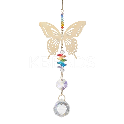 201 Stainless Steel Butterfly Shape & Rainbow Crystal Glass Hanging Suncatcher HJEW-JM04682-1