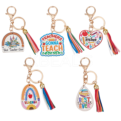 5Pcs 5 Colors Teachers' Day Wooden Keychains AJEW-SP0001-41A-1