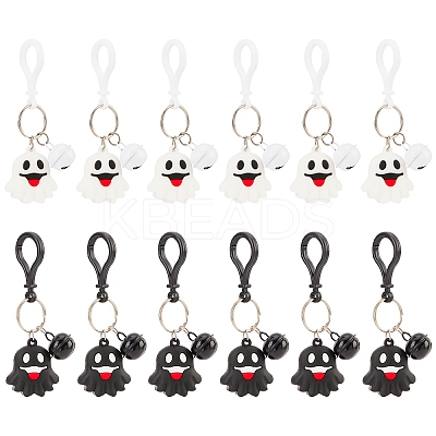 12Pcs 2 Colors Halloween Theme Cute Cartoon PVC Ghost Pendant Keychain with Bell Charm KEYC-CP0001-15-1