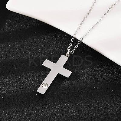 304 Stainless Steel Pave Clear Cubic Zirconia Cross Pendant Pet Urn Ashes Necklaces NJEW-S455-07P-1