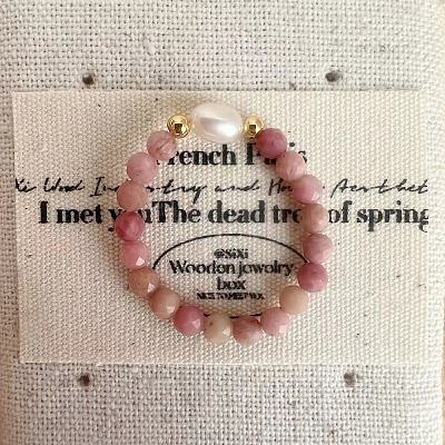 Brass & Natural Freshwater Pearl & Natural Rhodonite Beaded Stretch Rings WGB1DEC-02-1