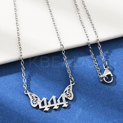 201 Stainless Steel Number 444 with Butterfly Wings Pendant Necklaces NJEW-P332-01B-P-1