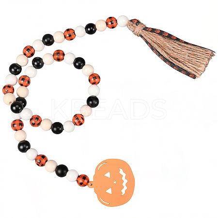 Halloween Round Natural Wood Beaded Wall Hanging Ornaments HJEW-WH20004-15-1