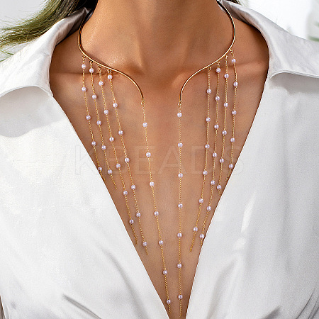 Alloy & Plastic Imitation Pearl Round Beaded Long Tassel Cuff Choker Necklaces for Women FS-WGD3D1C-01-1