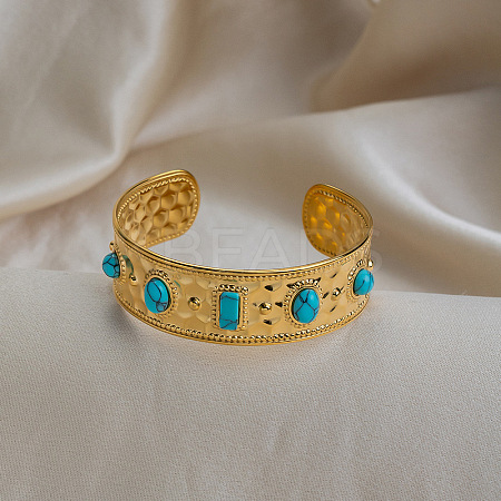 Vintage 304 Stainless Steel Pave Synthetic Turquoise Cuff Bangles for Women FO8532-1