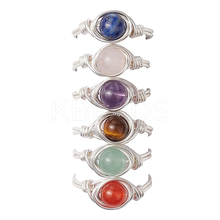 Round Natural Amethyst/Green Aventurine/Carnelian/Rose Quartz/Tiger Eye/Lapis Lazuli Braided Finger Ring RJEW-JR00743-01-1