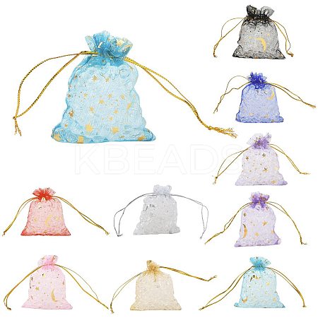 50Pcs 10 Colors Gold Stamping Moon & Star Organza Drawstring Gift Storage Bags ABAG-FS0001-11-1
