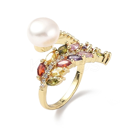 Colorful Cubic Zirconia Wheat with Natural Pearl Open Cuff Ring RJEW-F134-04G-1