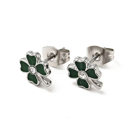Enamel Clover with Crystal Rhinestone Stud Earrings with 316 Surgical Stainless Steel Pins EJEW-A081-12P-02-1