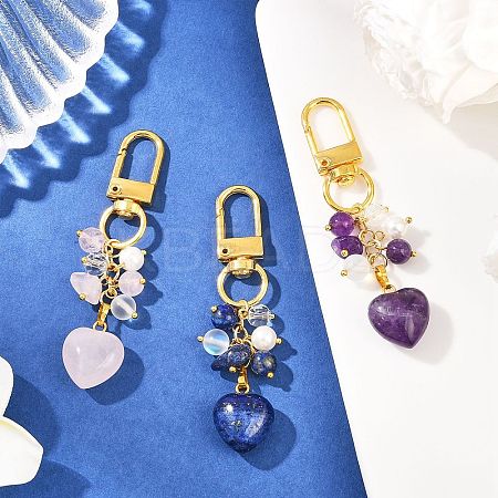 3Pcs Natural Lapis Lazuli & Rose Quartz & Amethyst Heart Pendant Decorations HJEW-JM04150-1