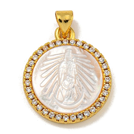 Rack Plating Brass Micro Pave Clear Cubic Zirconia Flat Round Pendants KK-U025-10G-04-1