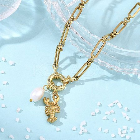 Ocean 304 Stainless Steel Lobster and Natural Pearl Bead Pendant Figaro Chain Necklaces for Women NJEW-JN06326-1