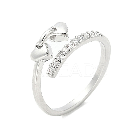 Heart Brass Micro Pave Cubic Zirconia Open Cuff Ring for Women RJEW-A040-01P-1