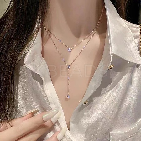 Flat Round 304 Stainless Steel Micro Pave Clear Cubic Zirconia Pendant Double Layer Y Necklaces for Women FS-WG7B3FB-01-1