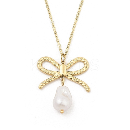 304 Stainless Steel & Plastic Pearl Bowknot Pendant Cable Chain Necklaces NJEW-H044-09G-1