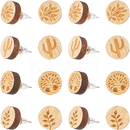 SUNNYCLUE 8 Pairs 4 style Natural Wood Flat Round Stud Earrings EJEW-SC0001-47-1