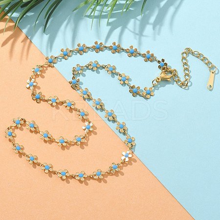 Bohemian 304 Stainless Steel Enamel Deep Sky Blue Flower Link Chain Necklaces for Women NJEW-Z061-01G-1