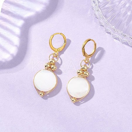 Flat Round Natural White Shell & Brass Leverback Earrings EJEW-JE06897-1