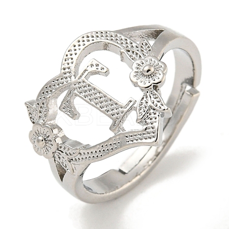 Heart with Letter & Flower Rack Plating Brass Adjustable Rings for Women RJEW-I105-05P-T-1