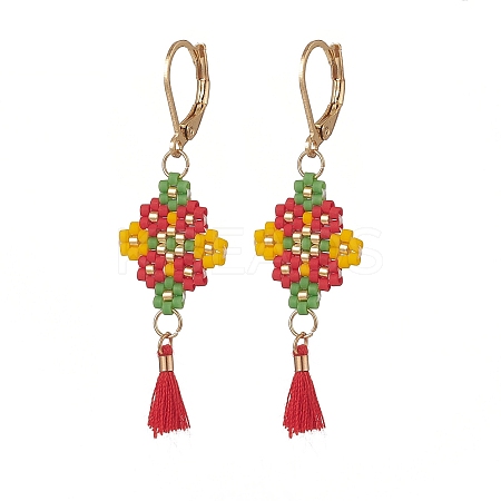 Glass Seed Braided Rhombus with Cotton Tassel Dangle Leverback Earrings EJEW-MZ00042-1