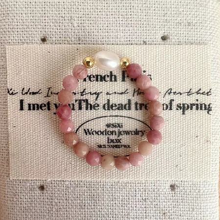 Brass & Natural Freshwater Pearl & Natural Rhodonite Beaded Stretch Rings WGB1DEC-02-1