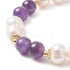 Natural Amethyst & Pearl Round Beaded Stretch Bracelet for Women BJEW-JB09246-01-3