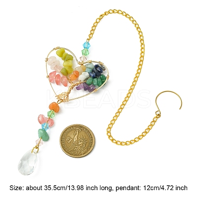 Wire Wrapped Natural Gemstone Chip Heart with Tree Pendant Decoration HJEW-FS00021-1