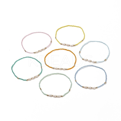 7Pcs 7 Colors Natural Pearl & Glass Seed & Brass Beaded Stretch Anklets Set for Women AJEW-AN00529-1