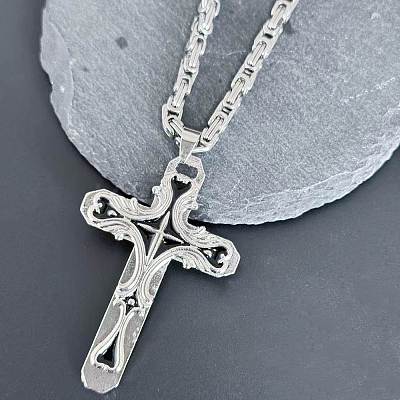 Gothic Style Cross 304 Stainless Steel Black Enamel Pendant Byzantine Chain Necklaces for Men FS-WG287BB-01-1