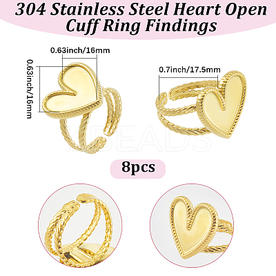 8Pcs 304 Stainless Steel Open Cuff Ring Findings STAS-BBC0010-11A-1
