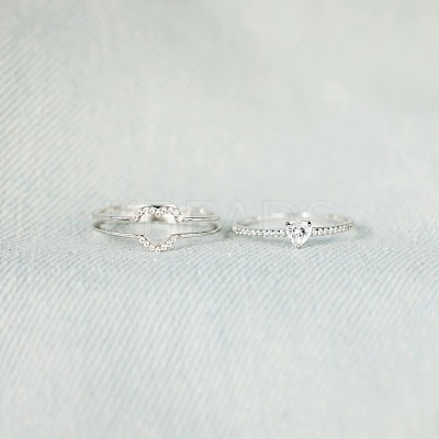 2Pcs Heart 925 Sterling Silver Micro Pave Clear Cubic Zirconia Finger Rings for Women FS-WG4005F-06-1