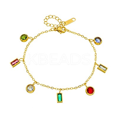 304 Stainless Steel Pave Colorful Cubic Zirconia Rectangle Flat Round Charm Bracelets for Women WG5257D-01-1