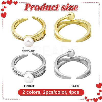 4Pcs 2 Colors Brass Micro Pave Cubic Zirconia Adjustable Cuff Open Rings RJEW-HY0001-26-1