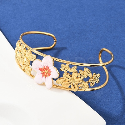 Flower 304 Stainless Steel Cuff Bangles for Women BJEW-A049-02G-1