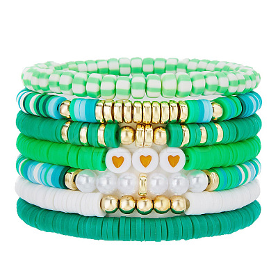 7Pcs Heart Pattern Polymer Clay & Plastic Pearl & CCB Plastic Beaded Stretch Bracelet Set for Women FS-WG634BB-10-1
