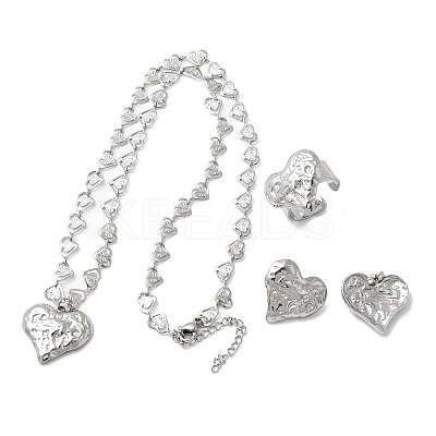 Heart 304 Stainless Steel Pendant Necklaces & Stud Earrings & Cuff Ring Sets for Women SJEW-F226-01P-1