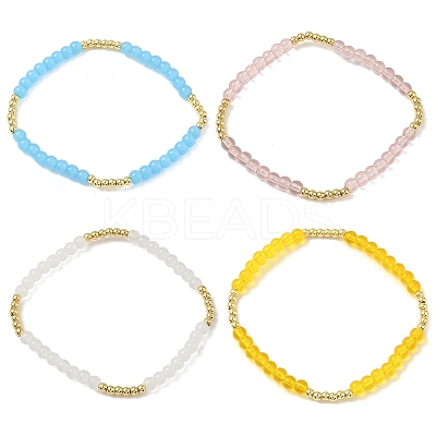 Brass & Glass Round Beaded Stretch Bracelets for Women BJEW-F515-04G-1