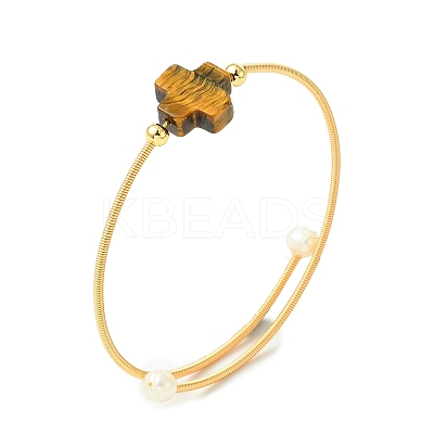 Natural Gemstone & Freshwater Pearl Beaded Copper French Wired Cuff Bangles for Women BJEW-JB13983-1