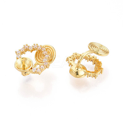 Brass Micro Pave Clear Cubic Zirconia Clip-on Earring Findings for Half Drilled Beads KK-T071-09G-1