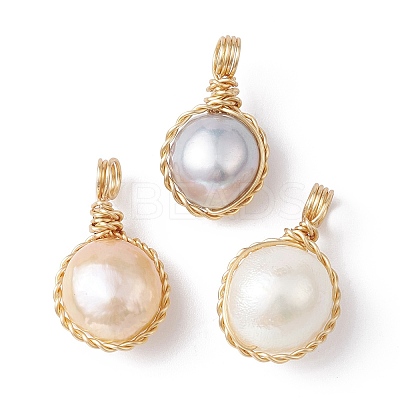 3Pcs Natural Cultured Freshwater Pearl Copper Wire Wrapped Pendants PALLOY-JF02201-1
