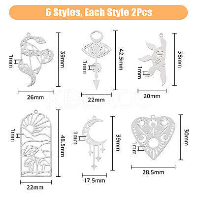 12Pcs 6 Styles Divination Theme 201 Stainless Steel Pendants STAS-DC0012-70-1