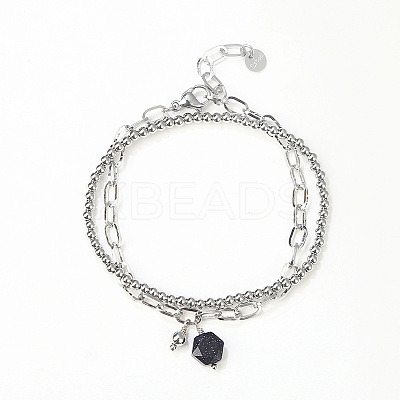 Synthetic Blue Goldstone Hexagon Charm Double Layer Bracelets WG0C9E5-01-1